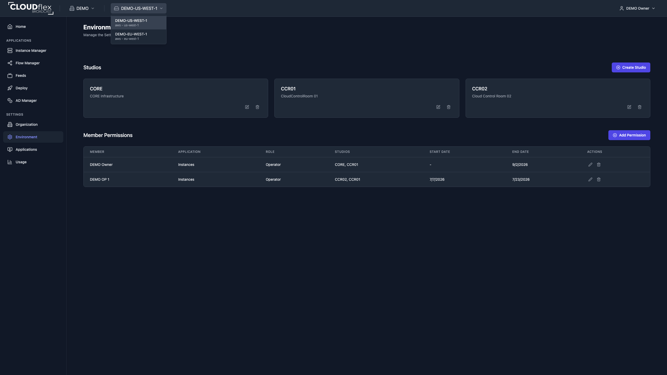 Open environment switcher showing available CLOUDflex environments